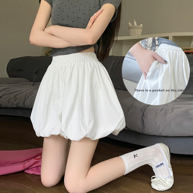 Ziyouxi Pompom Flower Bud Skirt Pants for Women, 2026 Summer New Design High-Waisted Slimming A-Line Wide-Leg Knee-Length Cloud Shorts