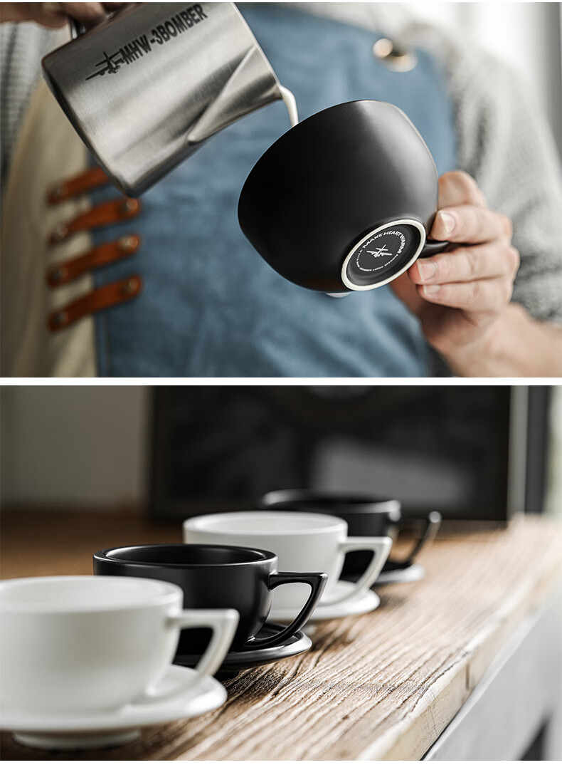 MHW-3BOMBER Zetian Cup Ceramic Coffee Mug with Saucer Set Professional Latte Art Steaming Pitcher Embossed 15
