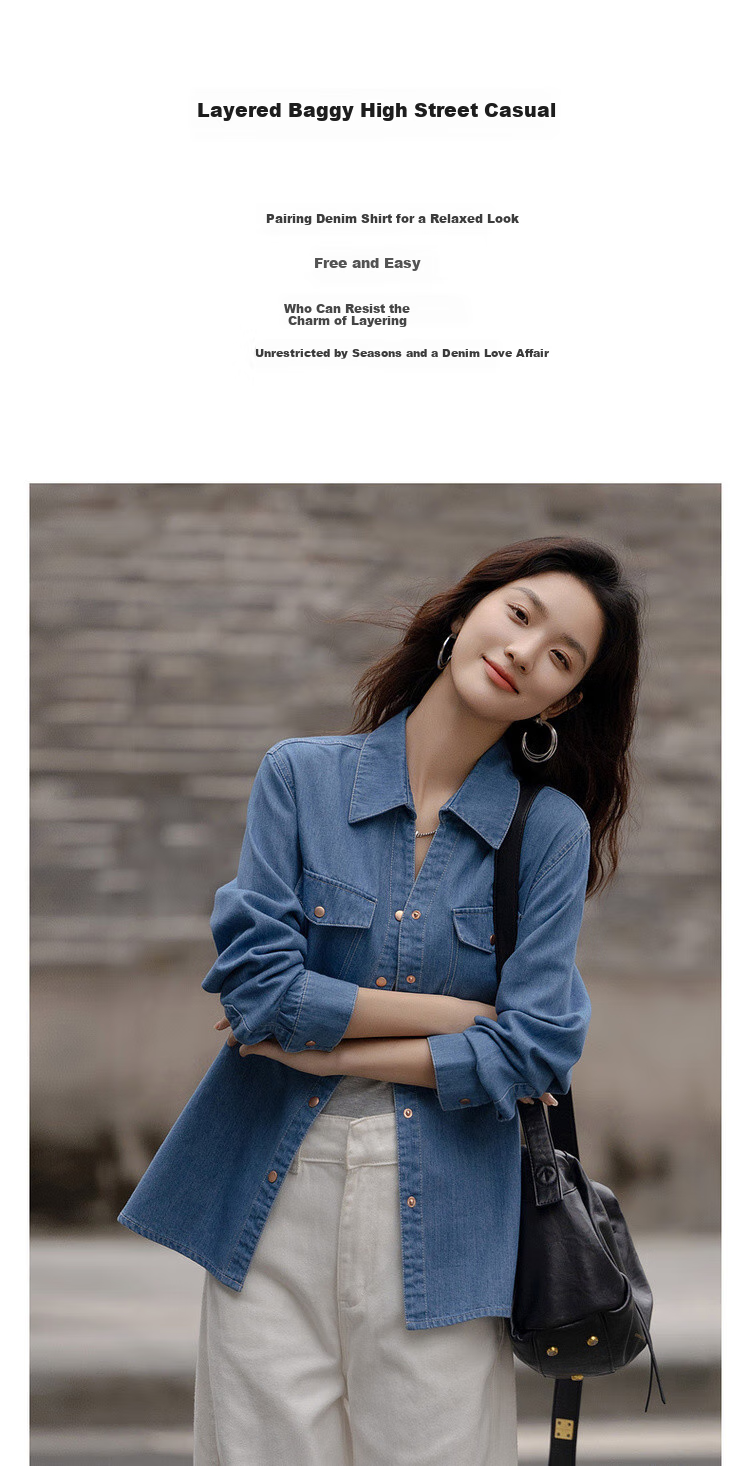 Dme [Light Breath Cloud Cotton] Spring Fashion V-Neck Collar Shirt, Comfortable Slimming Denim Blouse, Women's Top 1