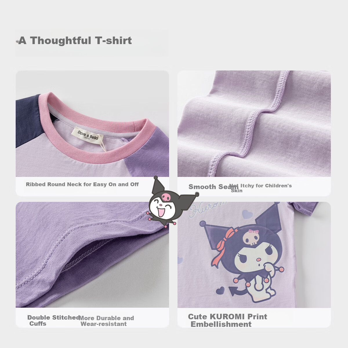David Bella Kuromi Girls' Short Sleeve T-Shirt Summer Children's Cotton Purple Top Kids Clothing