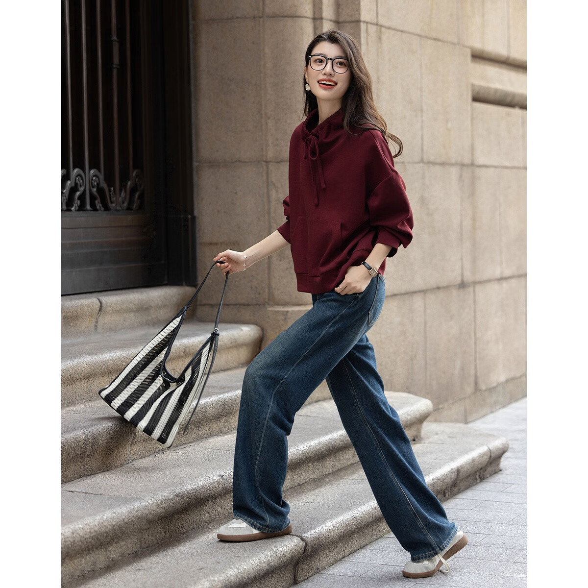 Demana [Comfort Elastic 280G Air Layer] Autumn Sports Style Blogger Stand Collar Drawstring Loose Fit Petite Women's Sweatshirt