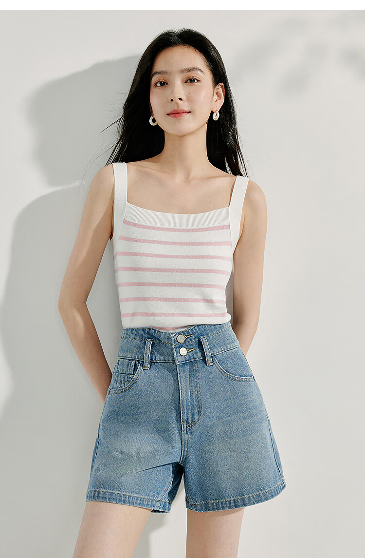 INMAN Striped Square Neck Knitted Camisole, 2026 Summer Women's New Short Fitted Top, Black, Size L 39