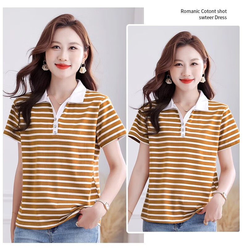 Woodpecker Pure Cotton Polo Collar Short Sleeve T-Shirt Women Summer Striped Polo Shirt Loose Plus Size Black White L 13