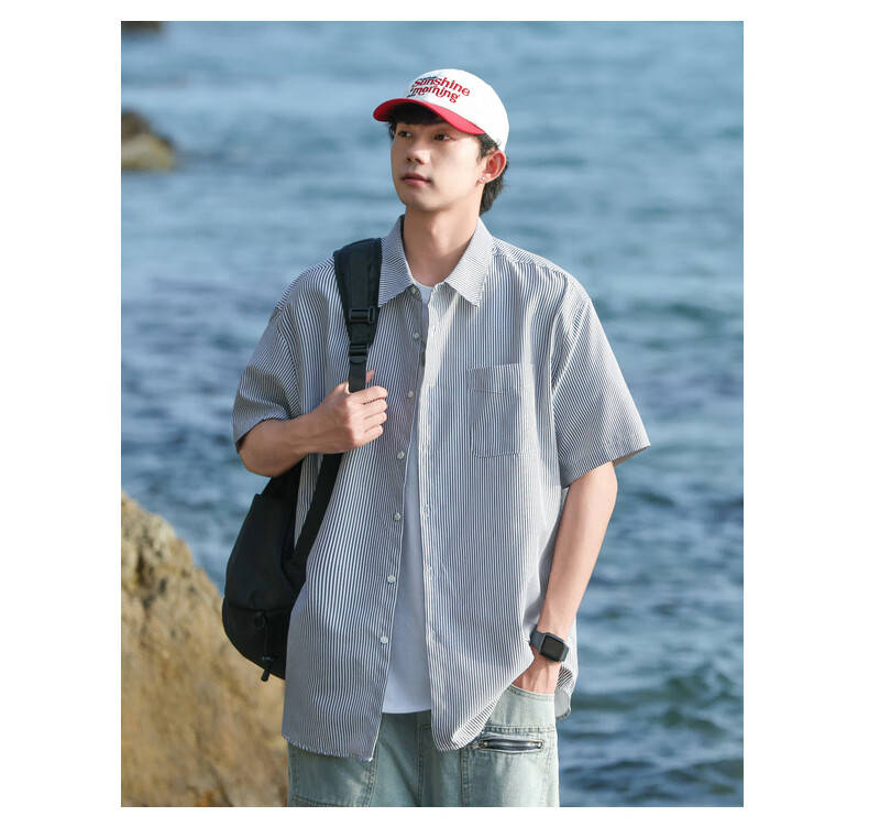 SWAMP AREA Japanese-Style Short-Sleeve Shirt for Men, Summer Trendy Versatile Loose Striped Workwear Shirt Jacket CS2512 Blue XL 6