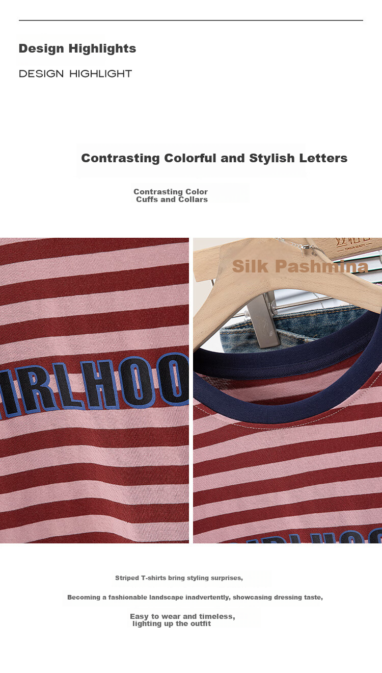 Siboshe Short-Sleeve T-Shirt, 2026 Summer New Women's Clothing, Contrasting Color Striped Lettering, Loose Fit Round Neck Top 1