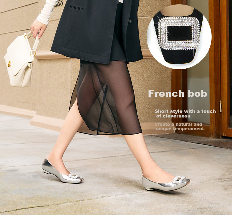 PT'SON Rhinestone Flats for Women, Autumn 2026 French Versatile Flat Shoes, Soft Lambskin Flats, Silver, Size 34 15