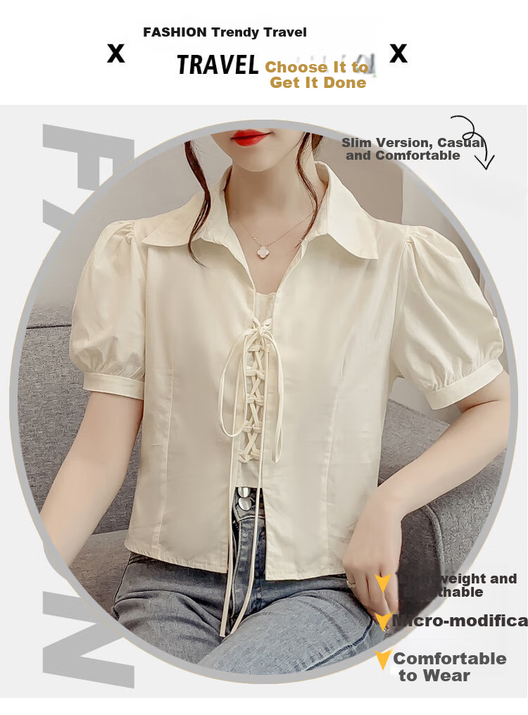 JEANSWEST Women's Summer 2025 Loose Puff Sleeve Short Sleeve Crop Shirt White L 3