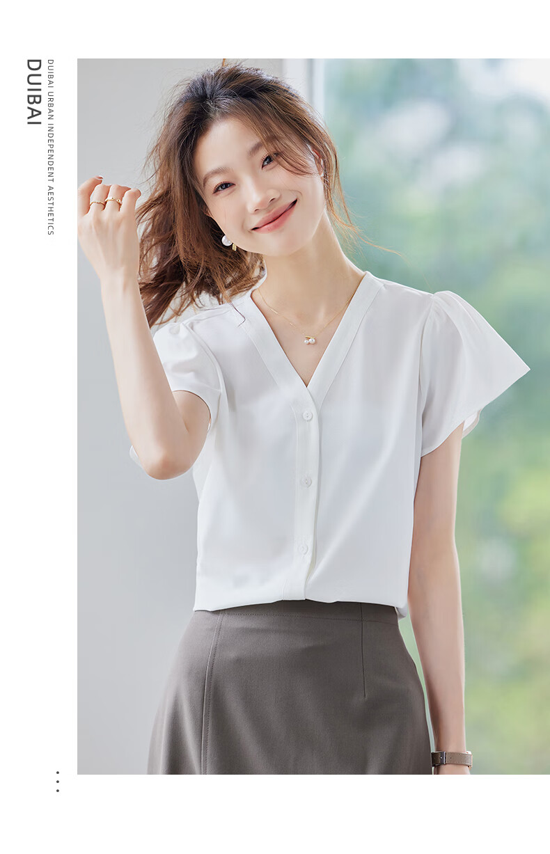 Jeanswest Women's Shirt 2026 Summer Short Sleeve Elegant Versatile Fashion V-Neck Solid Color Top Blue L 6