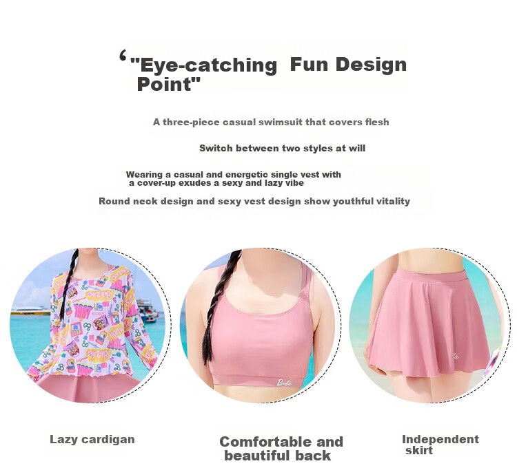 Barbie Women's Two-Piece Beach Vacation Swimwear Set, Long-Sleeve Cover-Up, Slimming Swimwear for Hot Springs Resort 3