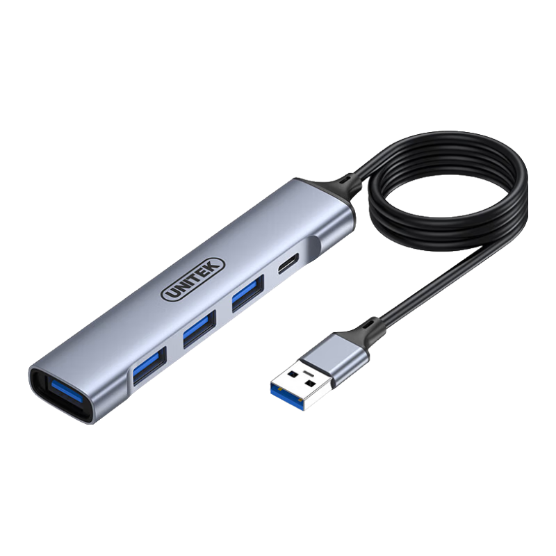 UNITEK USB3.0 Hub Extension Cable, High-Speed 4-Port HUB Splitter, Type-C Power Port, Metal Aluminum Alloy USB Expansion Dock, Computer Multi-Port Adapter, 1.5 Meters