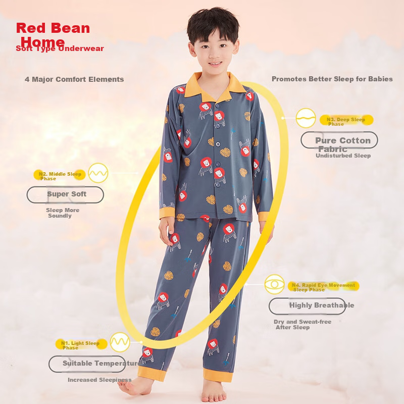 Hodohome Boys' Pajamas, Class A Pure Cotton Home Wear, Cartoon All-Over Print Long-Sleeve Cardigan Set, 501 Gray, Size 160