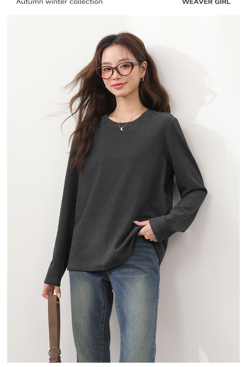 MJ STYLE Thin Fleece Lined Base Shirt for Women 2026 Autumn Winter New Plush Warm Antibacterial Loose Long Sleeve T-Shirt Top 6