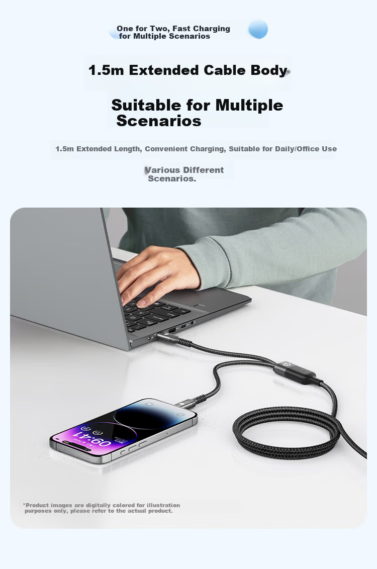 HP Two-In Dual-Head Type-C Charging Cable, PD100W Fast Charging Cable for Car, CarPlay Data Cable with E-Marker Chip, Suitable for Computers, Tablets And Phones, 1.5 Meters 6