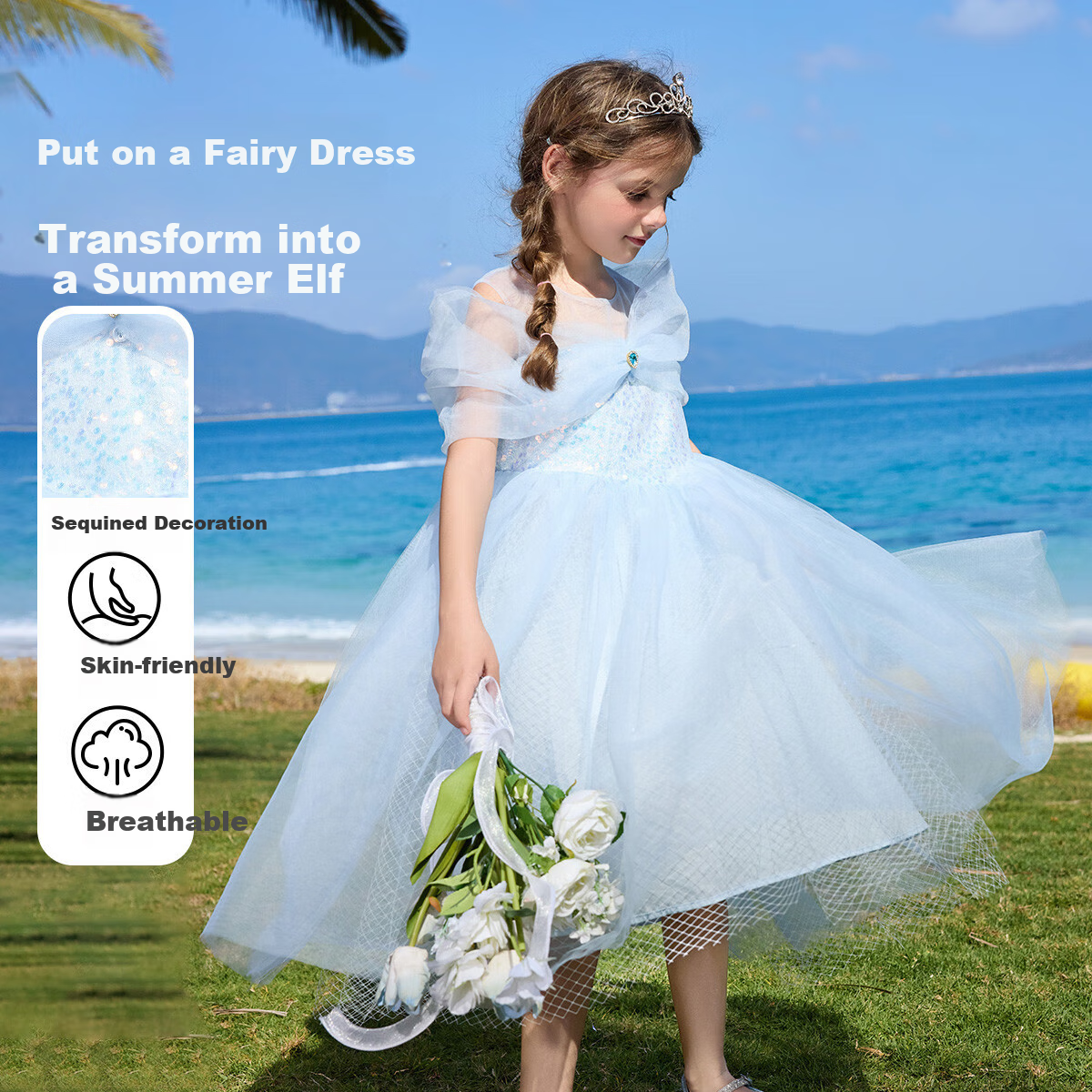 ASK JUNIOR [Detachable Shoulder Strap] Children's Summer Dress, Big Girl Princess Dress, Mesh Vacation Dress