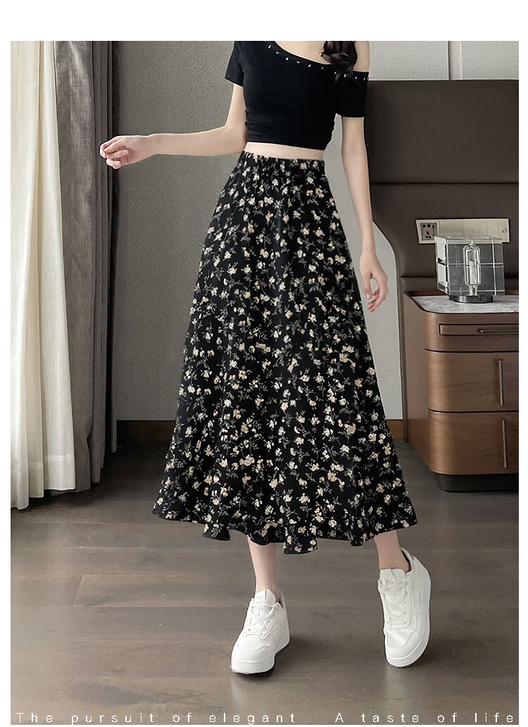 Awakening Paradise 2026 Summer New Slimming A-Line Mid-Length Skirt White Base Black Floral One Size 9
