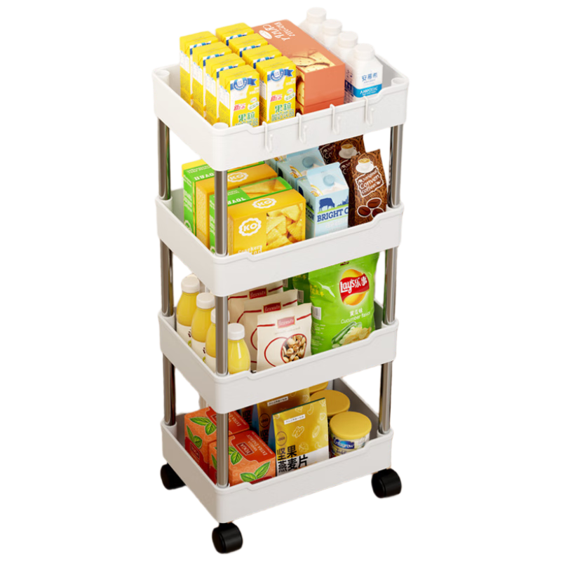 Jinlongxing Small Trolley Storage Rack Baby Supplies Snack Rack Bedroom Kitchen Bathroom Stainless Steel Mobile 4-Tier Storage Shelf