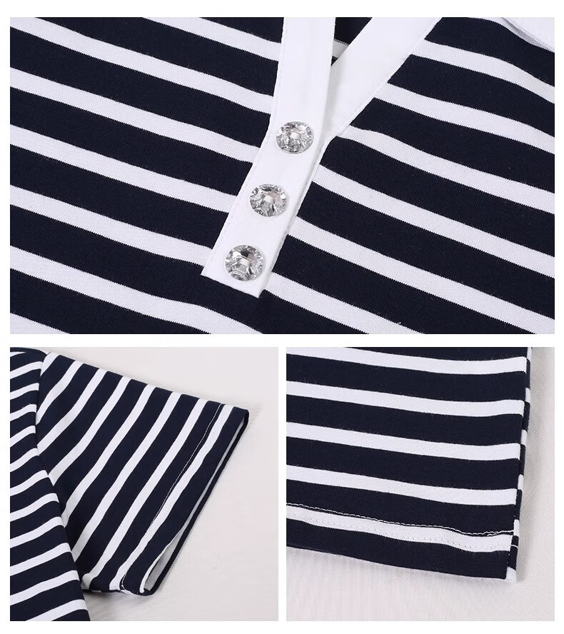 Woodpecker Pure Cotton Polo Collar Short Sleeve T-Shirt Women Summer Striped Polo Shirt Loose Plus Size Black White L 16