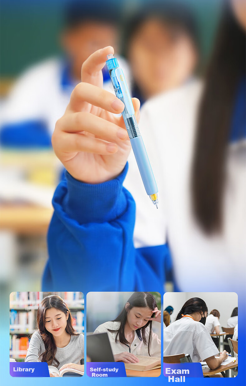 Dianshi Quick-Drying Gel Pen, 0.5mm Black, Retractable, Smooth Writing, Double Ball Needle Tip, Large Capacity, for Students' Writing Practice And Exams, Back-To Season, 0195 Blue Barrel, Pack of 12 6