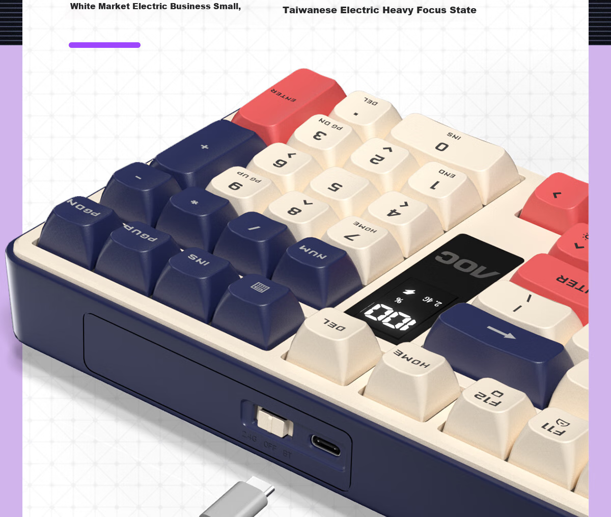 AOC GK320 Wireless Bluetooth Wired Tri-Mode Keyboard, Display Mechanical Feel RGB, Quiet Keyboard, Mac Computer Keyboard for E-Sports Gaming, Navy Blue Dream 8