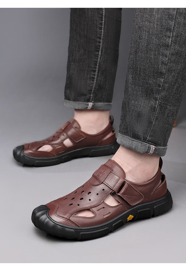 Playboy Men's First Layer Cowhide Hollowed Out Sandals Open Toe Genuine Leather Business Middle-aged and Elderly Dad Sandals Black Size 42 12