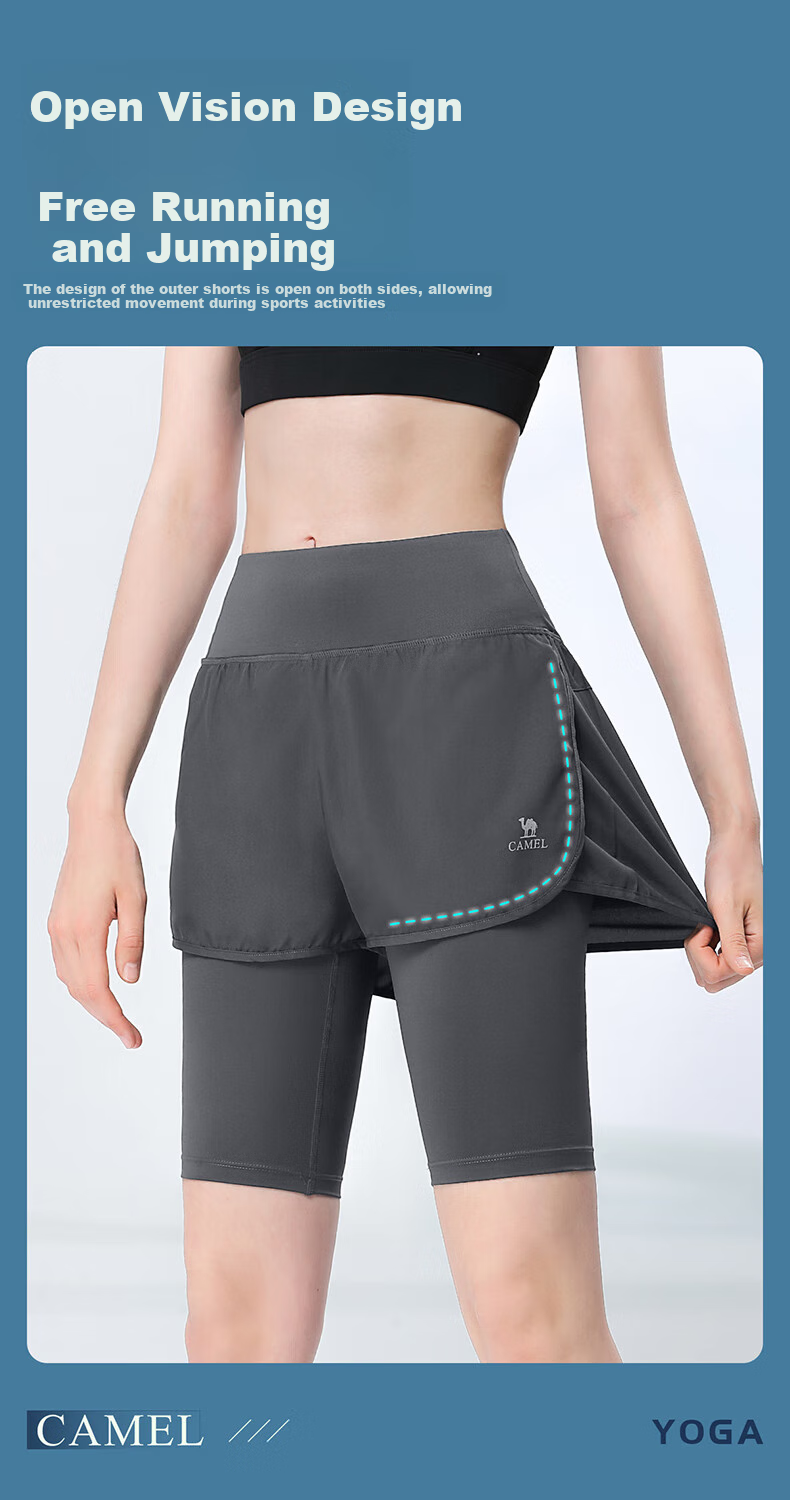 CAMEL Faux Two-Piece Quick-Dry Women's Sports Pants, Elastic Running Fitness Shorts, Y24BA4L0037M, Misty Gray, L 6