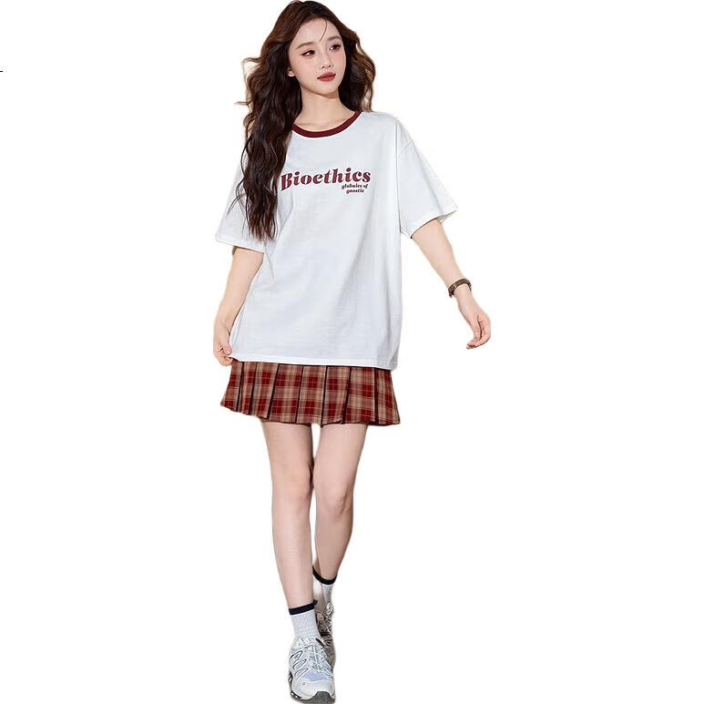 TonLion , 2025 Summer Women's Front Chest Pattern Printed Short-Sleeve T-Shirt, Off-White, M