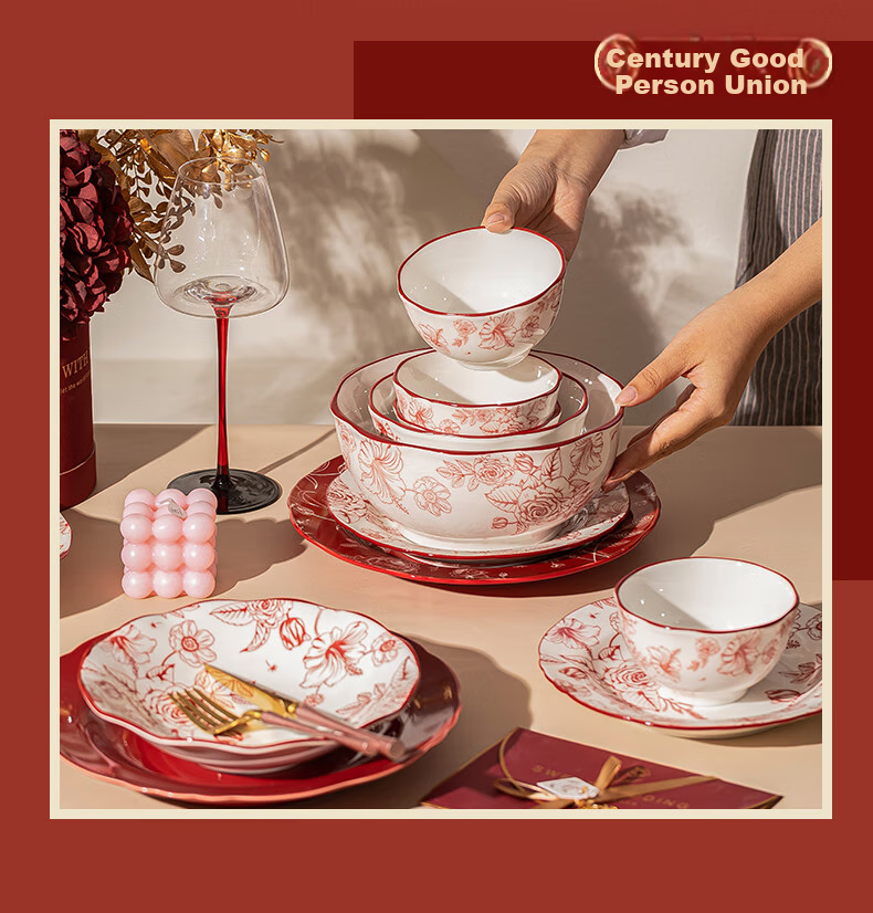 KANGMO Tableware Set, New High-Quality Wedding Gift for Home Use, Ceramic Bowls And Plates, Complete Set of Millennium 18 Pieces 5