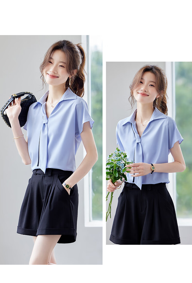 Jeanswest Women's Short Sleeve Shirt 2025 Summer High-End Design Ribbon Versatile Commuter Top White M 12