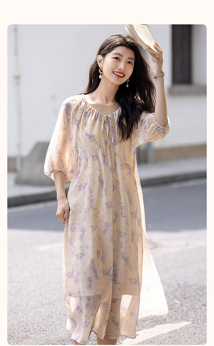 Demana "Human Elegance" Summer Lightweight 75D Chiffon Beaded Floral V-Neck Drawstring Puff Sleeve Women's Dress 2