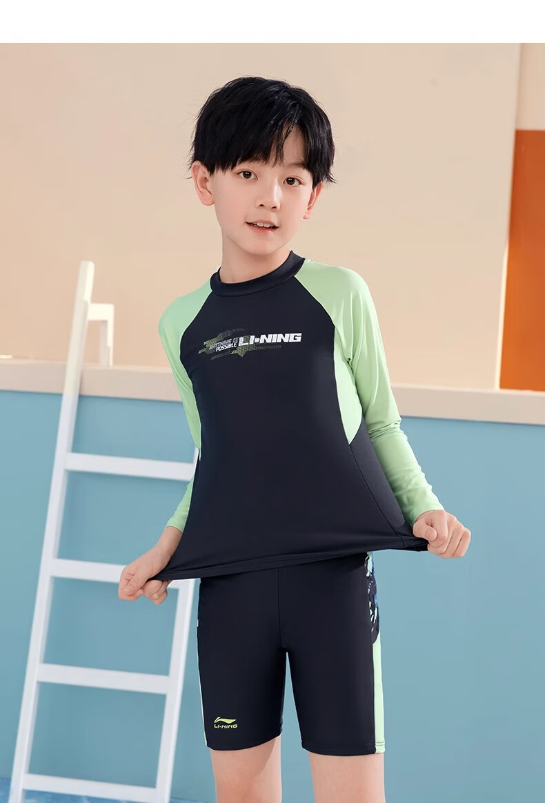 LI-NING Kids Boys Two-Piece Swimsuit Boys New Long Sleeve Swimwear for 6-12 Years Old Youth Hot Spring Bathing Suit 3