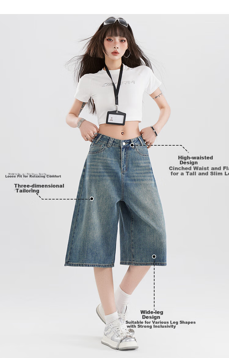 Free Style Vintage High Waist Denim Shorts Women 2026 Summer New Loose Slim Fit Petite Straight Wide Leg Cropped Pants 4