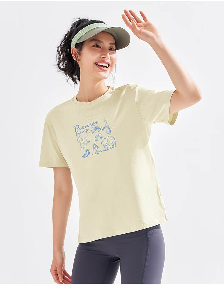 Toread Women's Pure Cotton T-Shirt Summer New Trendy Printed Short Sleeve Casual Drop Shoulder Crew Neck Base Shirt Milk Apricot XL 17