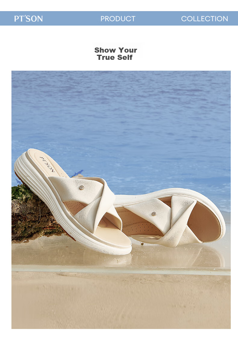 PT'SON Sheepskin Soft Sole Slippers for Women, Beach Sandals, Summer Thick-Soled Sandals, Versatile Outdoor Wear, Beige, Size 37 9