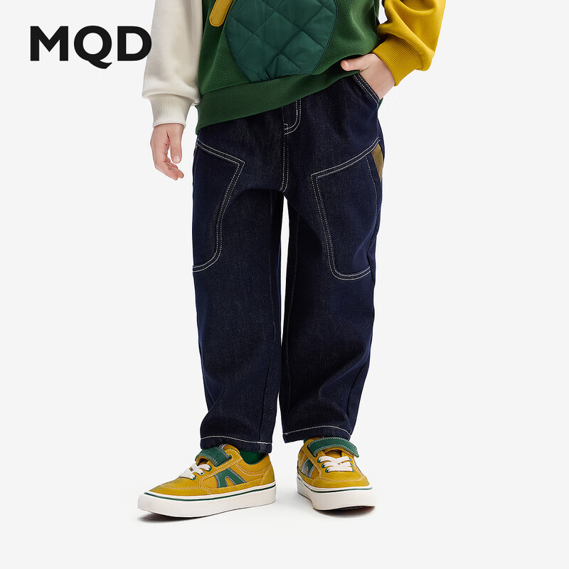 MQD [Color-Fast] Boys' Jeans, Spring And Autumn Style, Children's Dad Pants, Dark Denim Blue, Size 150