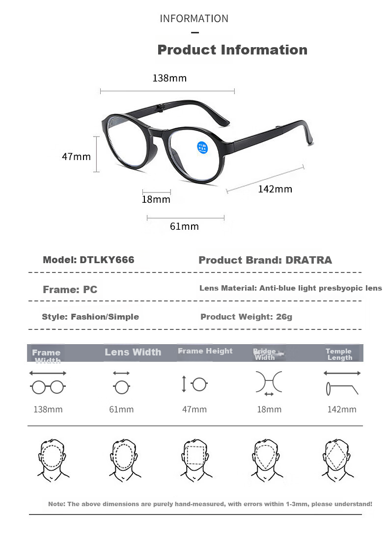 DRATRA High-Definition Anti-Blue Light Reading Glasses, Foldable And Portable, for Elderly, Ultra-Light, Fashionable, Simple Design, Comfortable on Face, Prescription Available 3