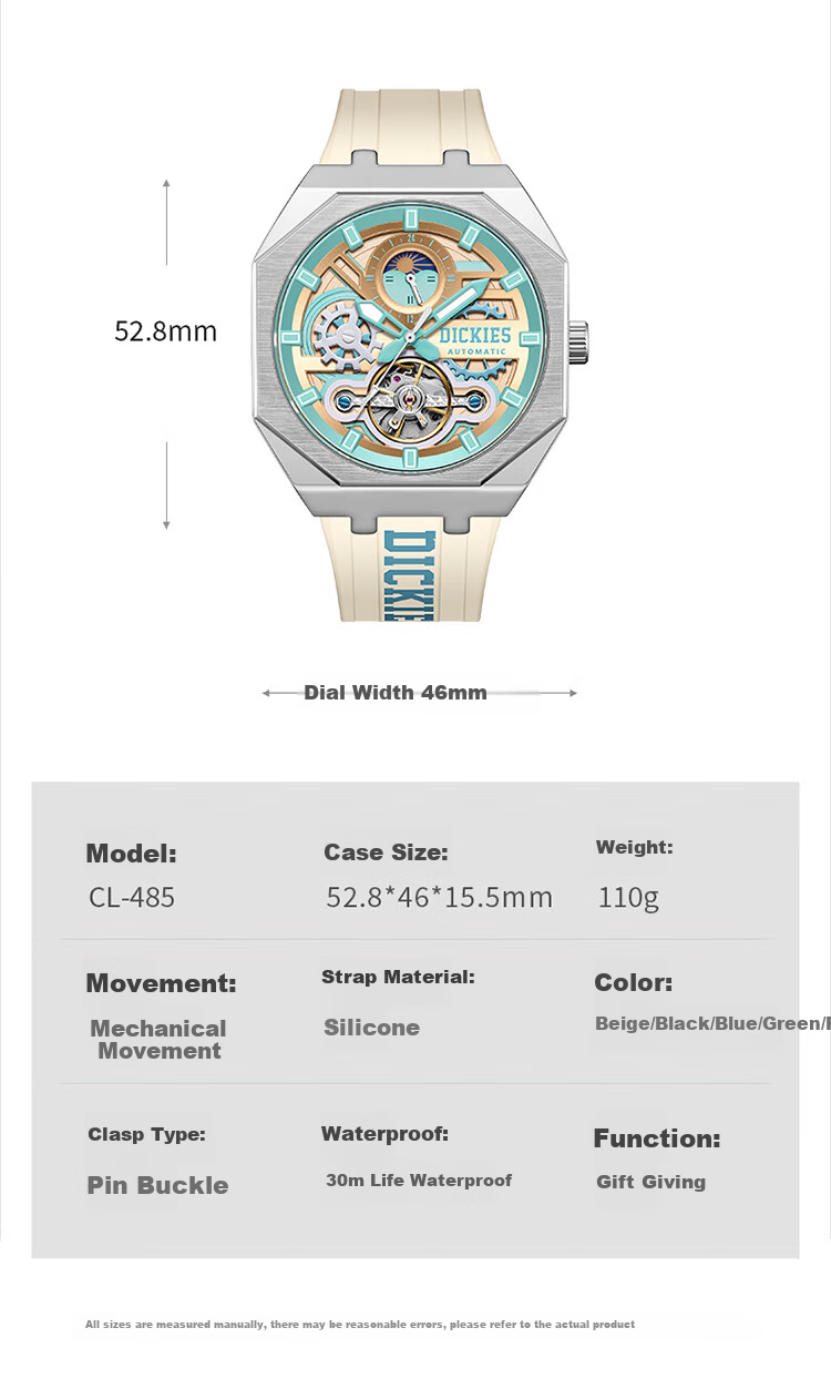 Dickies Mechanical Watch, Student Men's Fully Automatic Skeleton Watch, Mechanical Gift for Boyfriend, Valentine's Day Present Box, CL-485 Gree 9