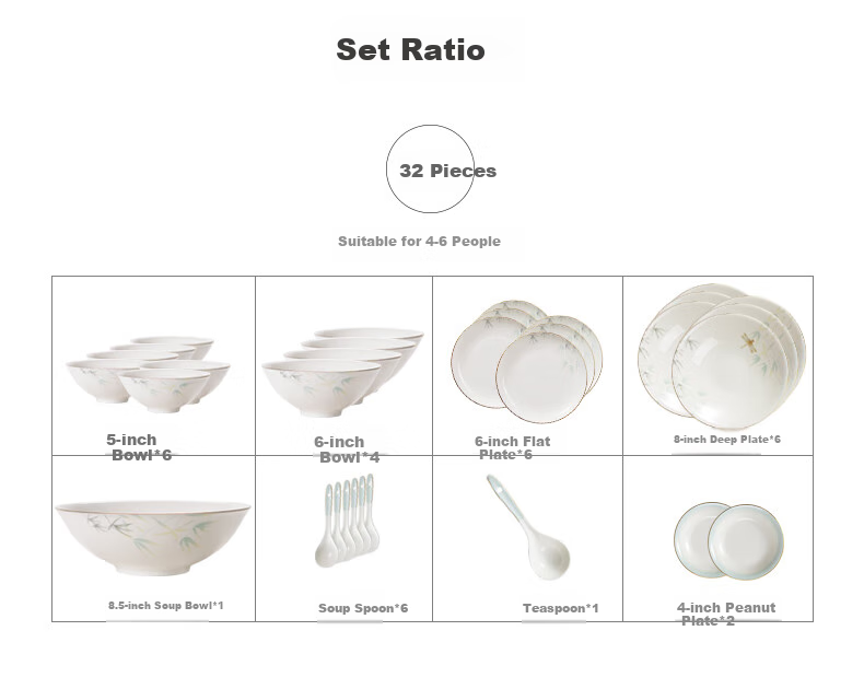 HG Guoci High-Temperature Glazed Bone China Dinnerware Set, Light Luxury Gold-Rimmed Qingting, 6 People, 32 Pieces 7