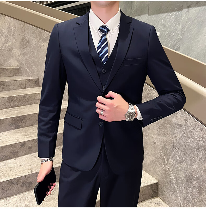 ROMON Men's Business Slim Fit Suit Jacket Formal Wedding Groom Navy Blue L 17