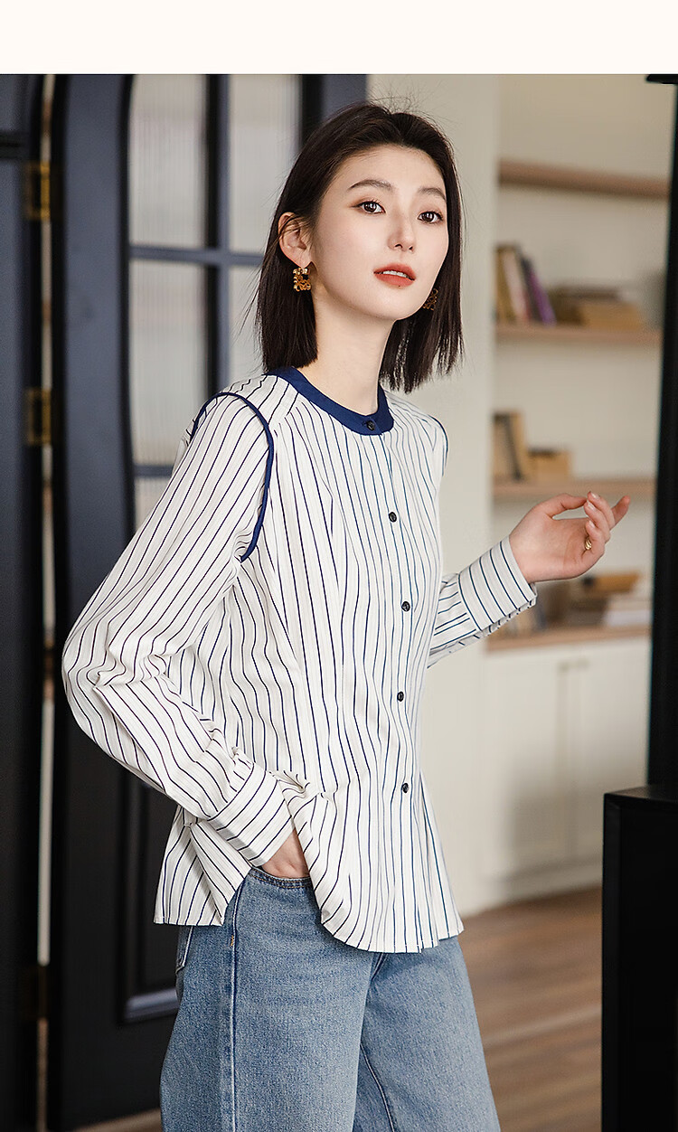 Demana Casual Wealthy Style Spring Japanese Cloud Cotton Vintage Striped Colorblock Shirt Women's Top 13