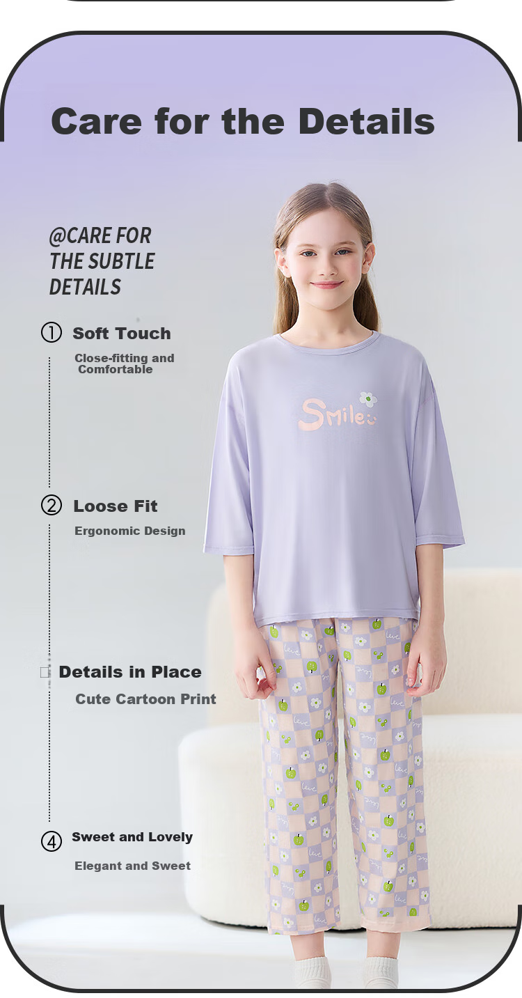 LangSha Children's Pajamas for Girls, Summer Thin Lycra Cotton Three-Quarter Sleeve Sleepwear Set for Middle And High School Students, Teenage Home Wear 12