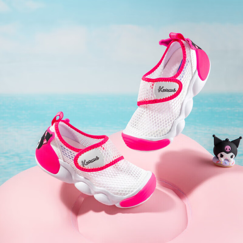 HELLOKITTY Girls' Sports Shoes, Summer Mesh Shoes, Kuromi Children's Soft-Soled Breathable Walking Shoes, 6807 Pink And White, Size 28