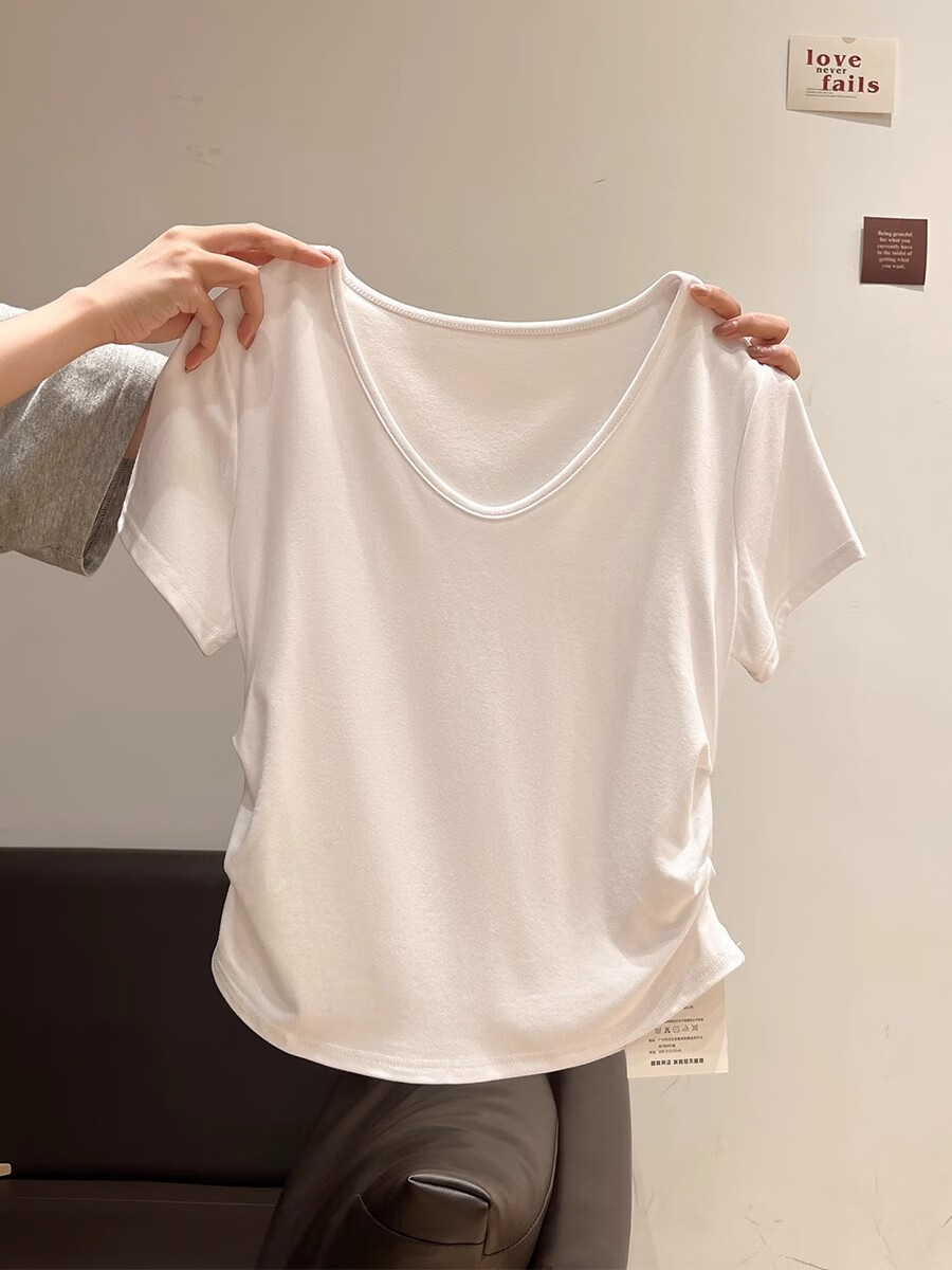 Woodpecker Women's Loose Fit Short Sleeve T-Shirt Summer New V-Neck Ruffled Waist Slim Crop Top White 2XL 1