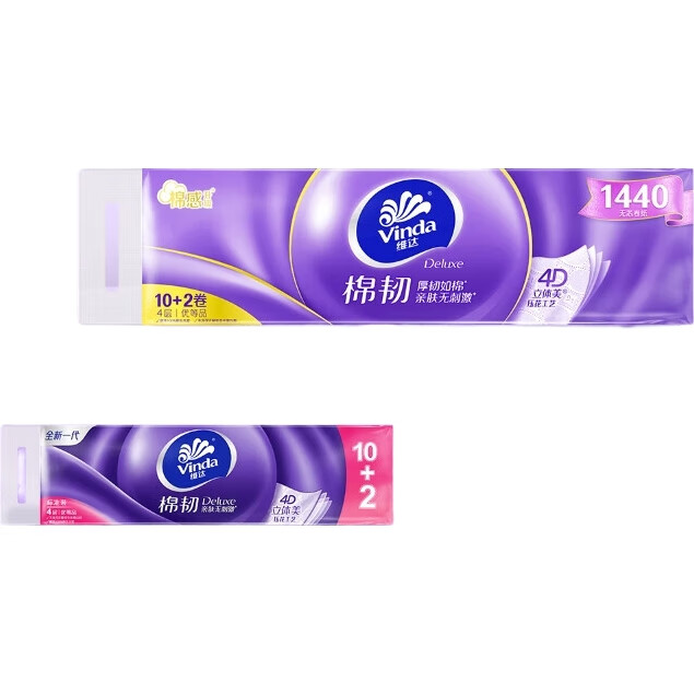 Туалетная бумага Vinda Cotton Tough, 4-слойная, 120г/рулон, 12 рулонов, мягкая и прочная, для дома
