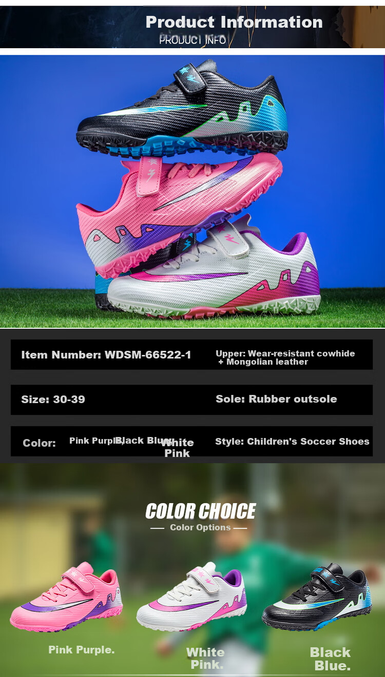 Shuangxing Children's Soccer Shoes for Boys And Girls, Big Kids' Molded Studs TF Artificial Grass Training Shoes, Student And Youth Slip-On Sneakers 9