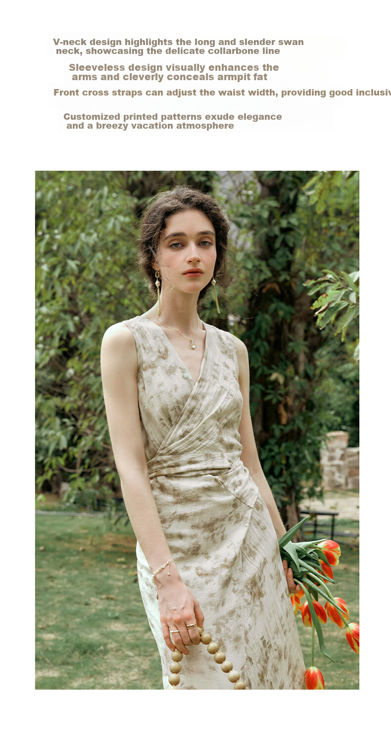 Olrain French Style Apricot Dress Women Summer Waist Slim Floral Mid-Length Dress Apricot L 3