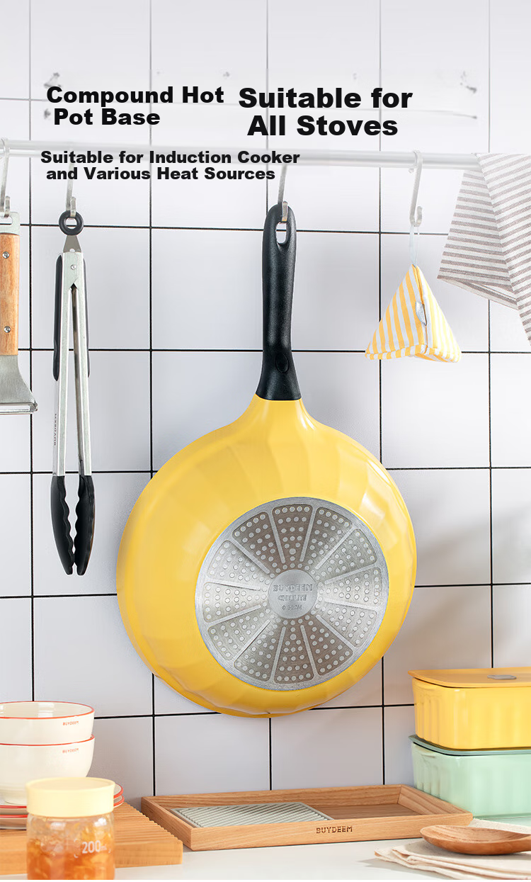 Buydeem 30cm Non-Stick Wok, Frying Pan, Flat Bottom Pan, Stir-Fry Pan, Light Smoke Oil-Gathering Small Yellow Pan, Compatible with Induction And Gas Stoves 11