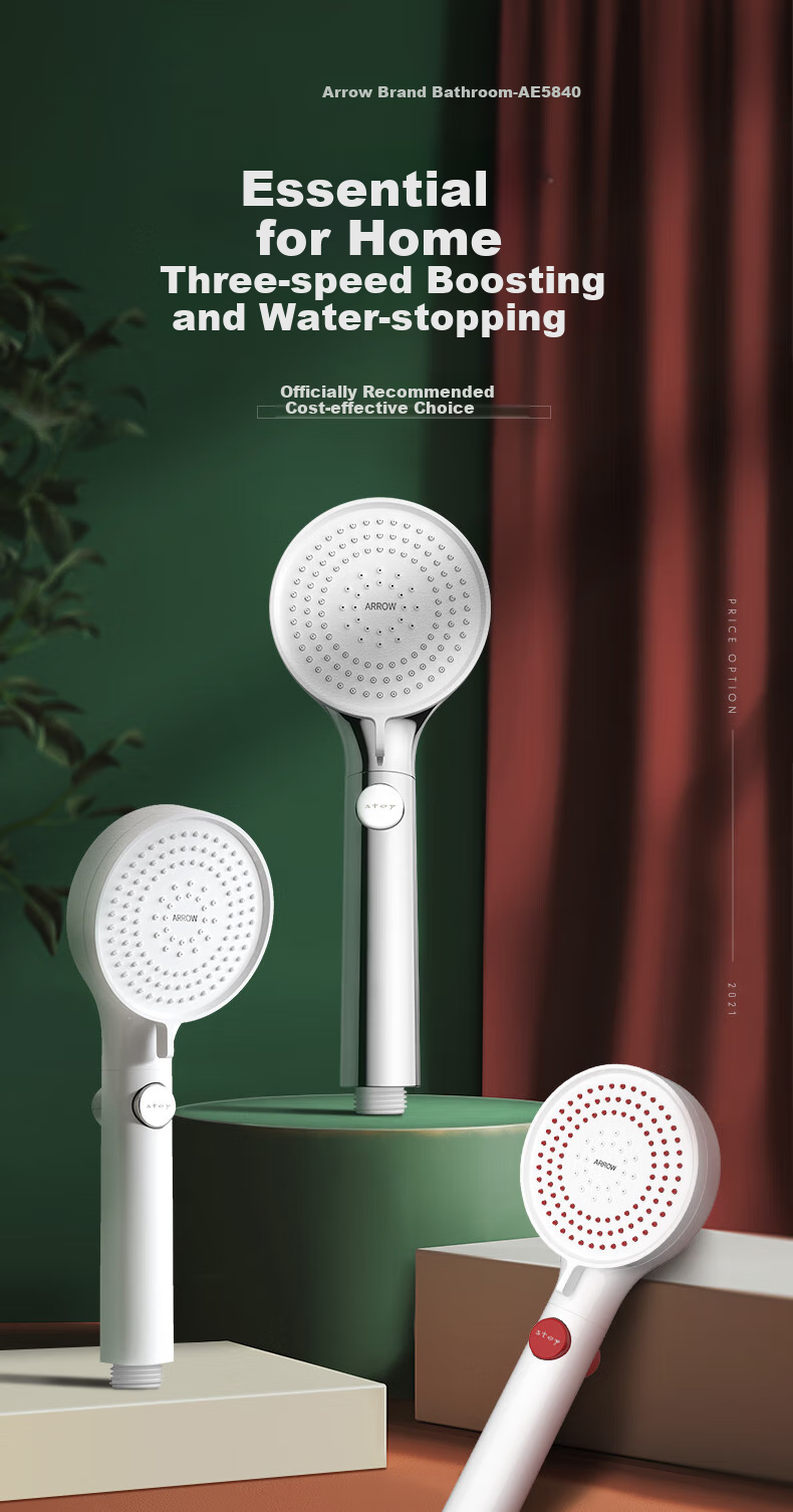 ARROW One-Button Water Stop Shower Head, Handheld High-Pressure Shower Head, Multi-Level Adjustable Handheld Shower Sprayer 3