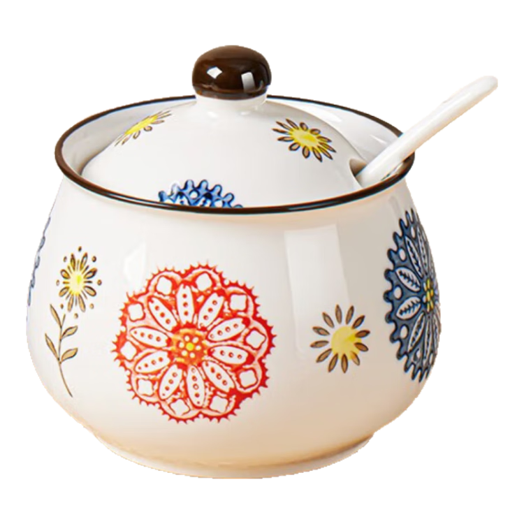 BJ Ceramic Lard Jar Kitchen Seasoning Container with Spoon Salt Jar Spice Container Chili Oil Jar Oil Storage Jar Heat-Resistant