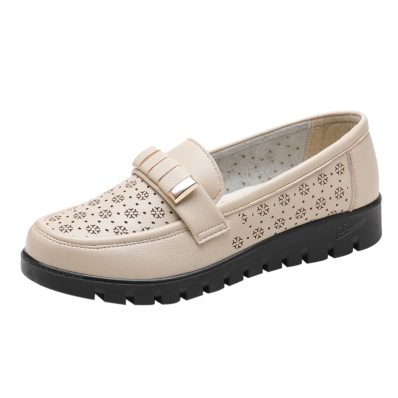 Huili Mom Shoes, Middle-Aged Sandals, Summer Soft-Soled, for Middle-Aged And Elderly Women, Leather Shoes, Single Shoes, Non-Slip, 50-60 Years Old, 0062 Beige, Size 35