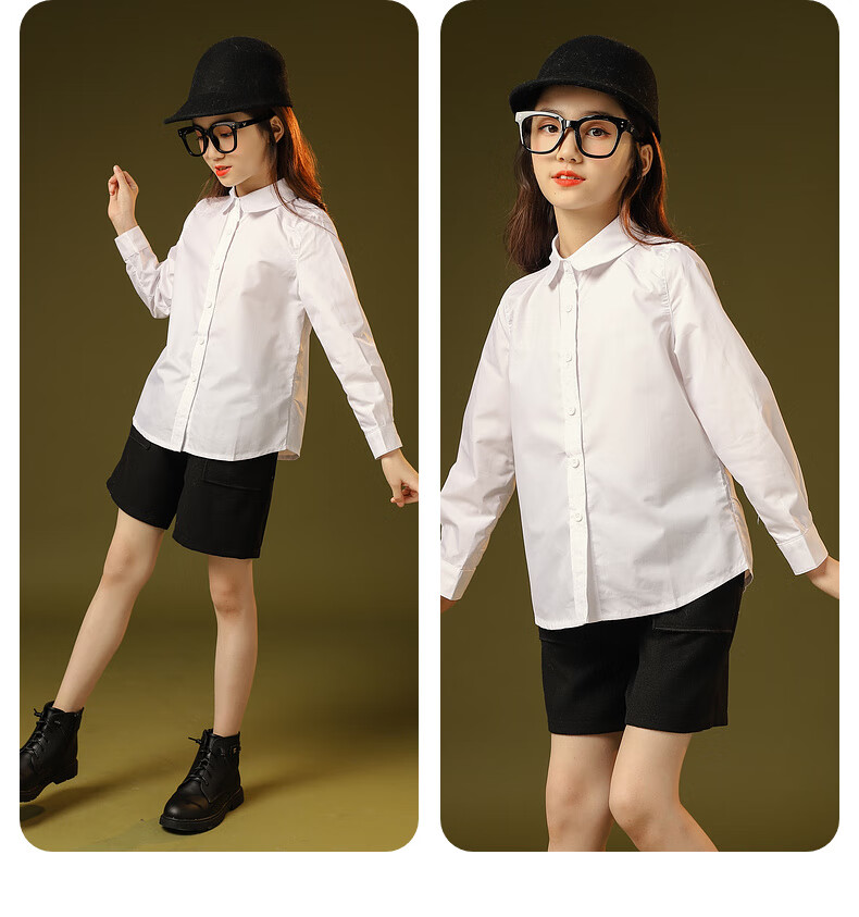 Fulomi Girls' Shirt Spring Autumn Fashion Versatile White Top School Performance Long Sleeve Shirt Large White 140 9